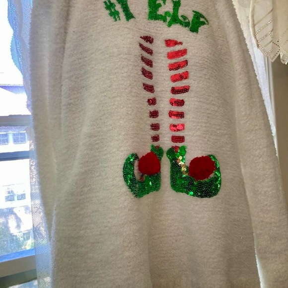 Elf Sweater with Sequin Details White Fluffy Poof L - Picture 2 of 3